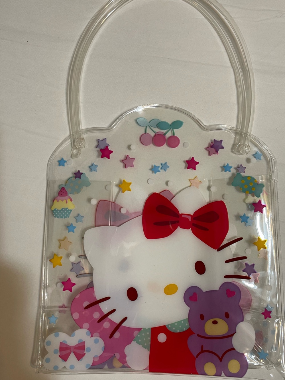 Hello Kitty Clear Party Favor Tote Bag with Red Bow and Multicolor Stars